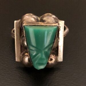 Vintage Green Onyx Carved Mask Sterling Silver Ring Mexico